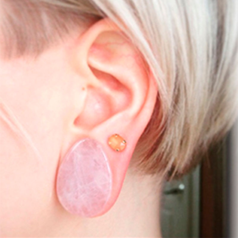 Alargador Gota Pedra Quartzo Rosa / 1 Par